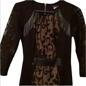 EUC black dress, Sz small, vegan leather, Leather” & Lace.
